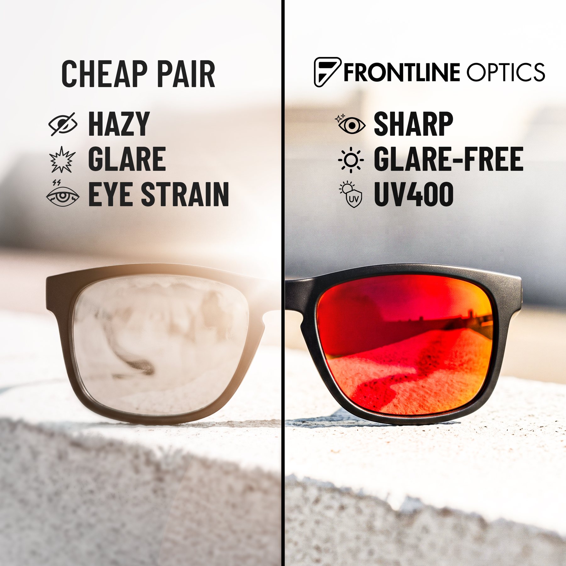 Cheap hazy lens next to a clear Frontline Optics polarized lens